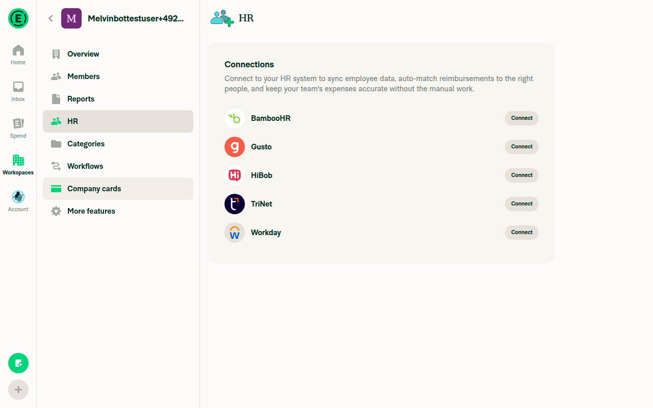 Workspace HR page on desktop viewport showing Connections header with new subtitle text