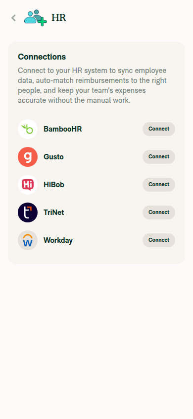 Workspace HR page on mobile viewport showing Connections header with new subtitle text