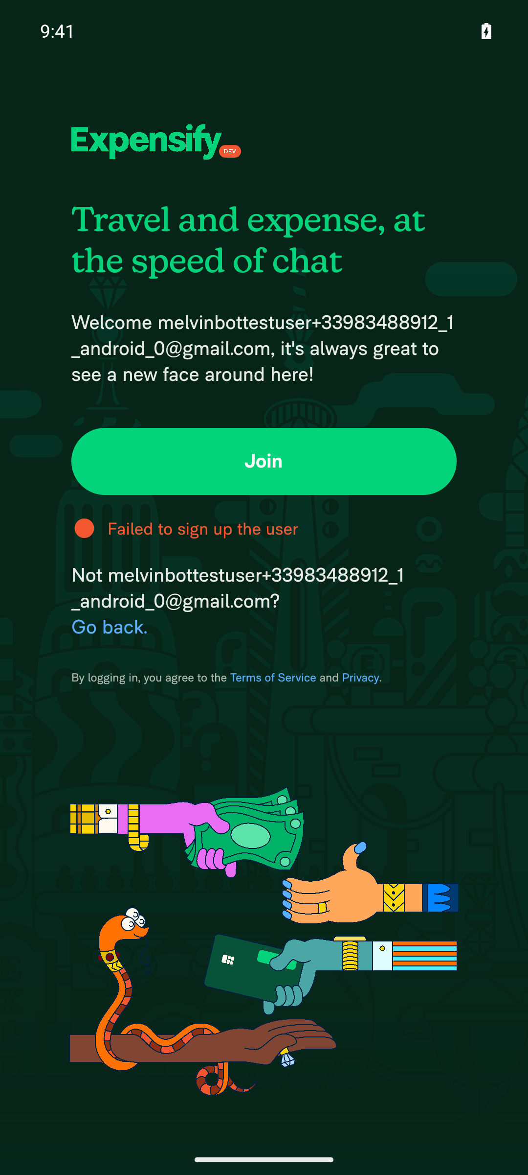 Session as handed over: sign-up welcome screen stuck on Failed to sign up the user