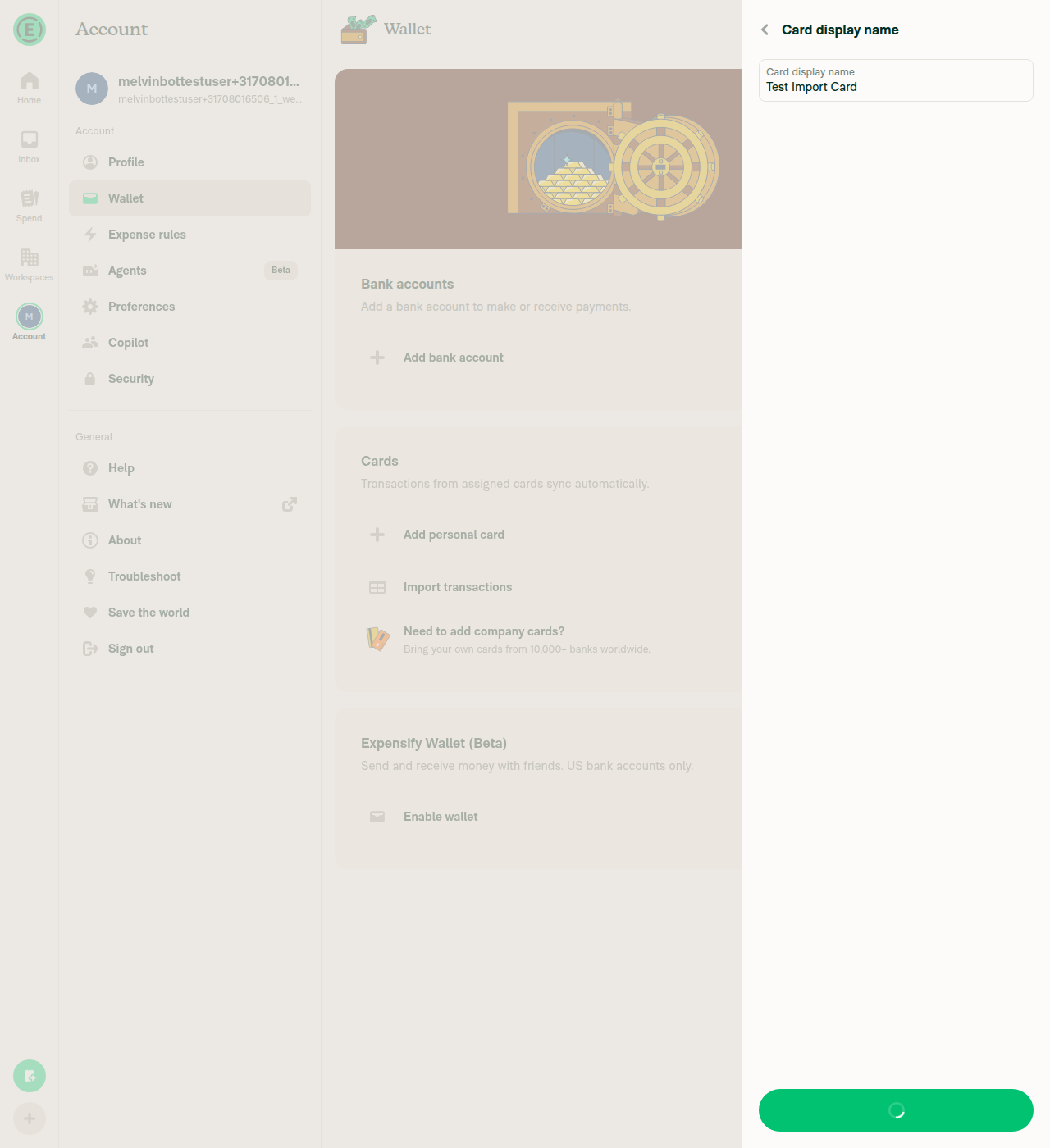 Card display name entry filled with Test Import Card