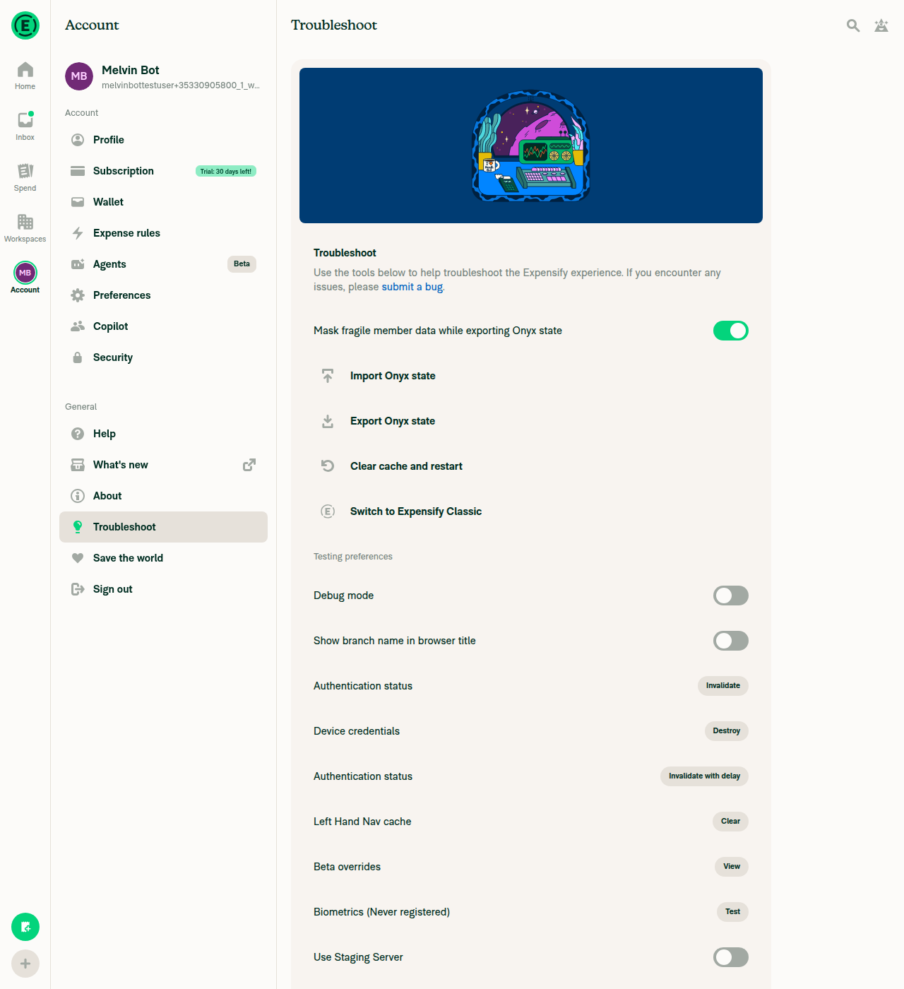 Troubleshoot page with Switch to Expensify Classic