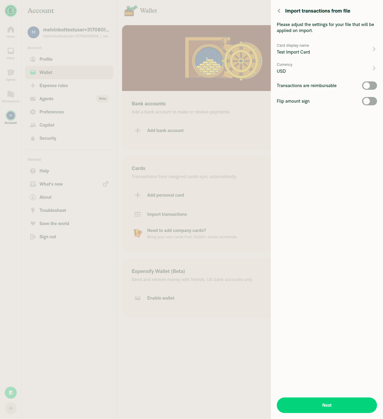 Import transactions form with Transactions are reimbursable toggled OFF