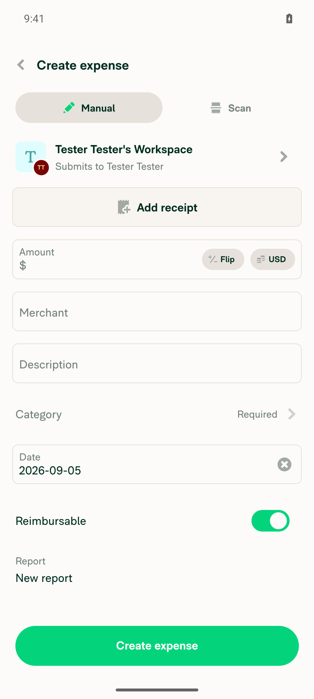 Create expense page: Amount input with $ prefix and USD suffix, empty state
