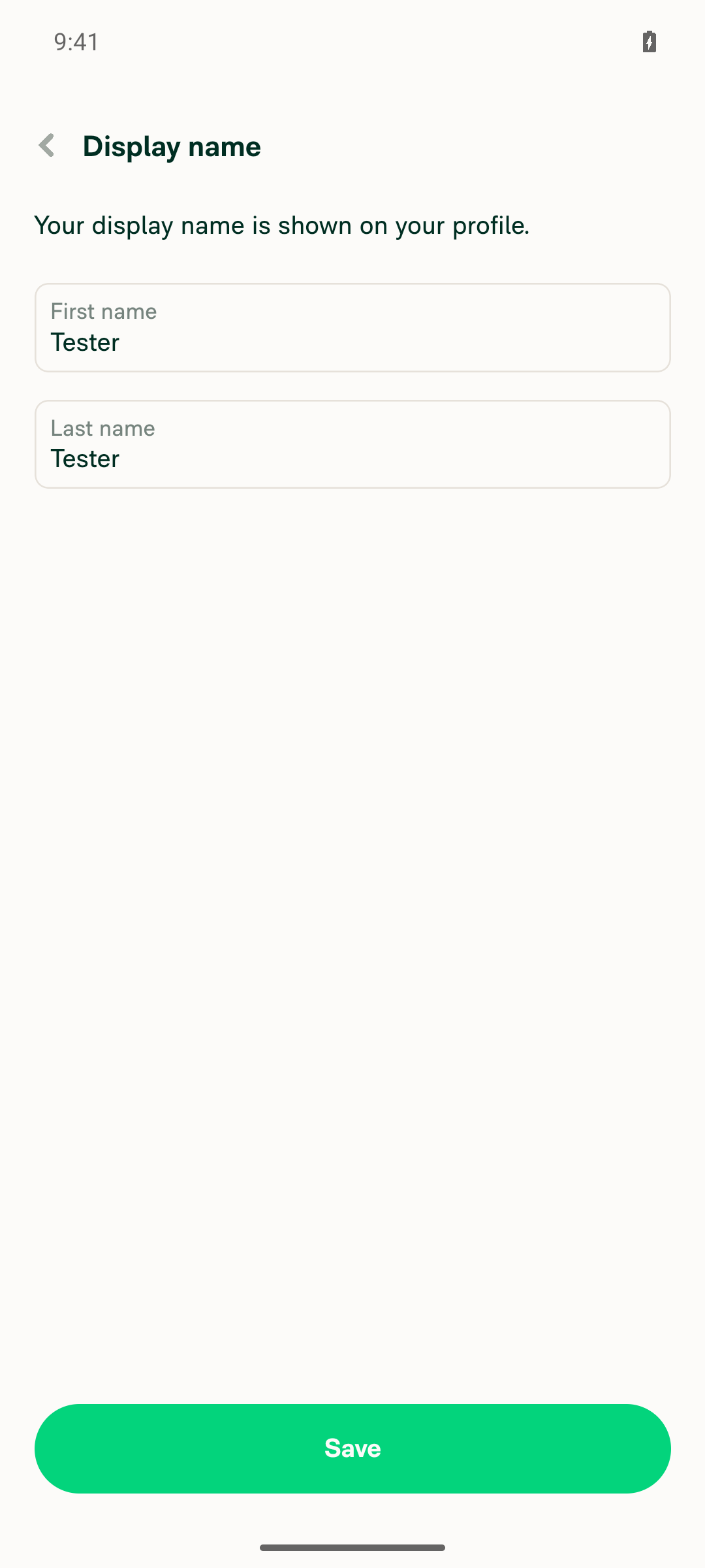 Settings Profile Display name form with First name and Last name input labels