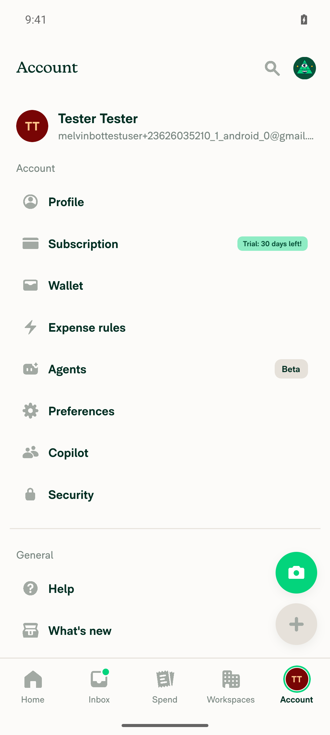 Account settings menu: supporting email line, section headers, and Account top bar label