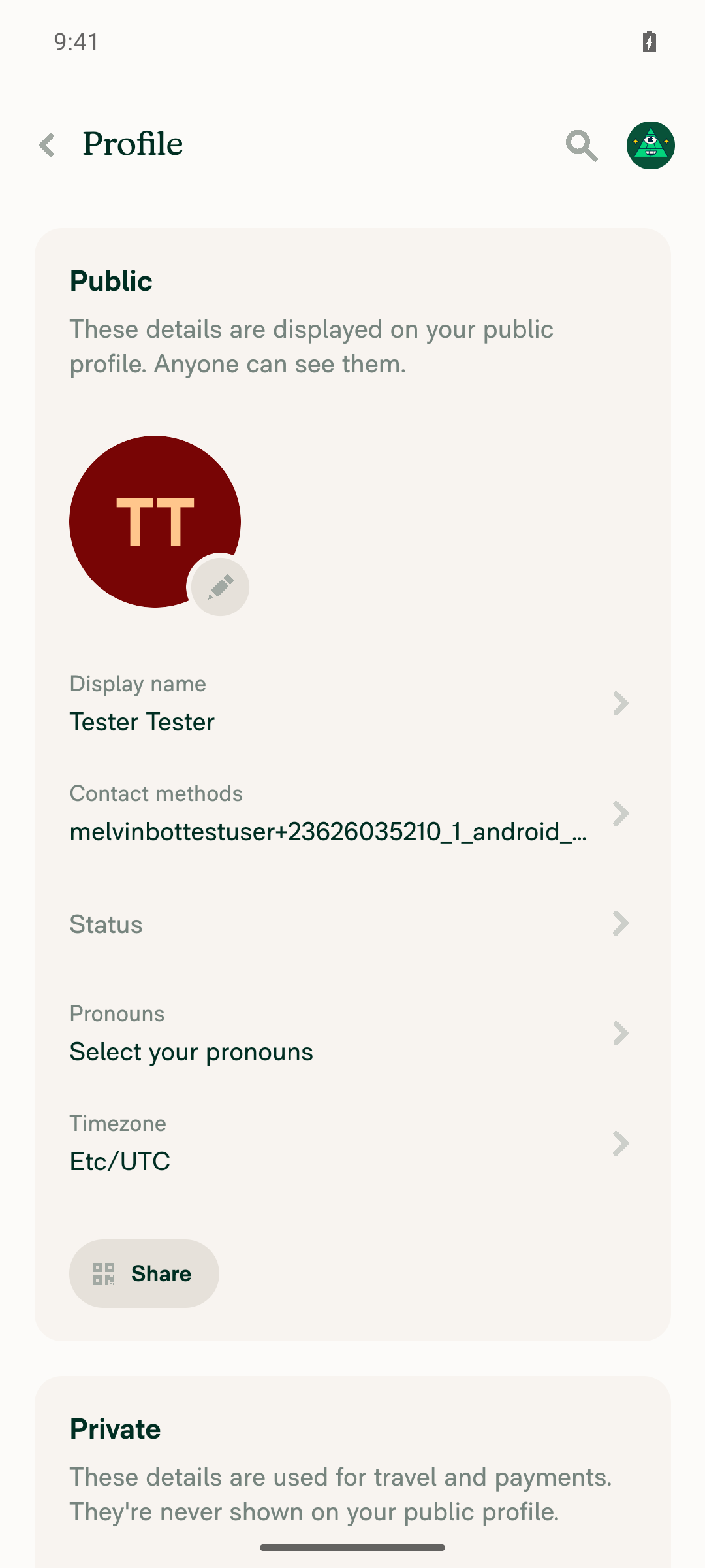 Profile page: menu item supporting text above each value, header title at heading size