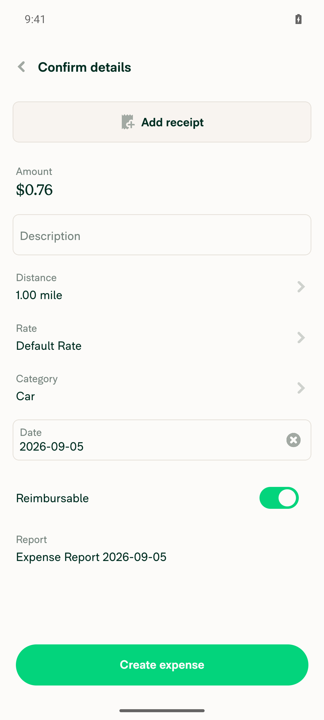 Confirm details page: $0.76 confirmation amount rendered larger than sibling menu item titles