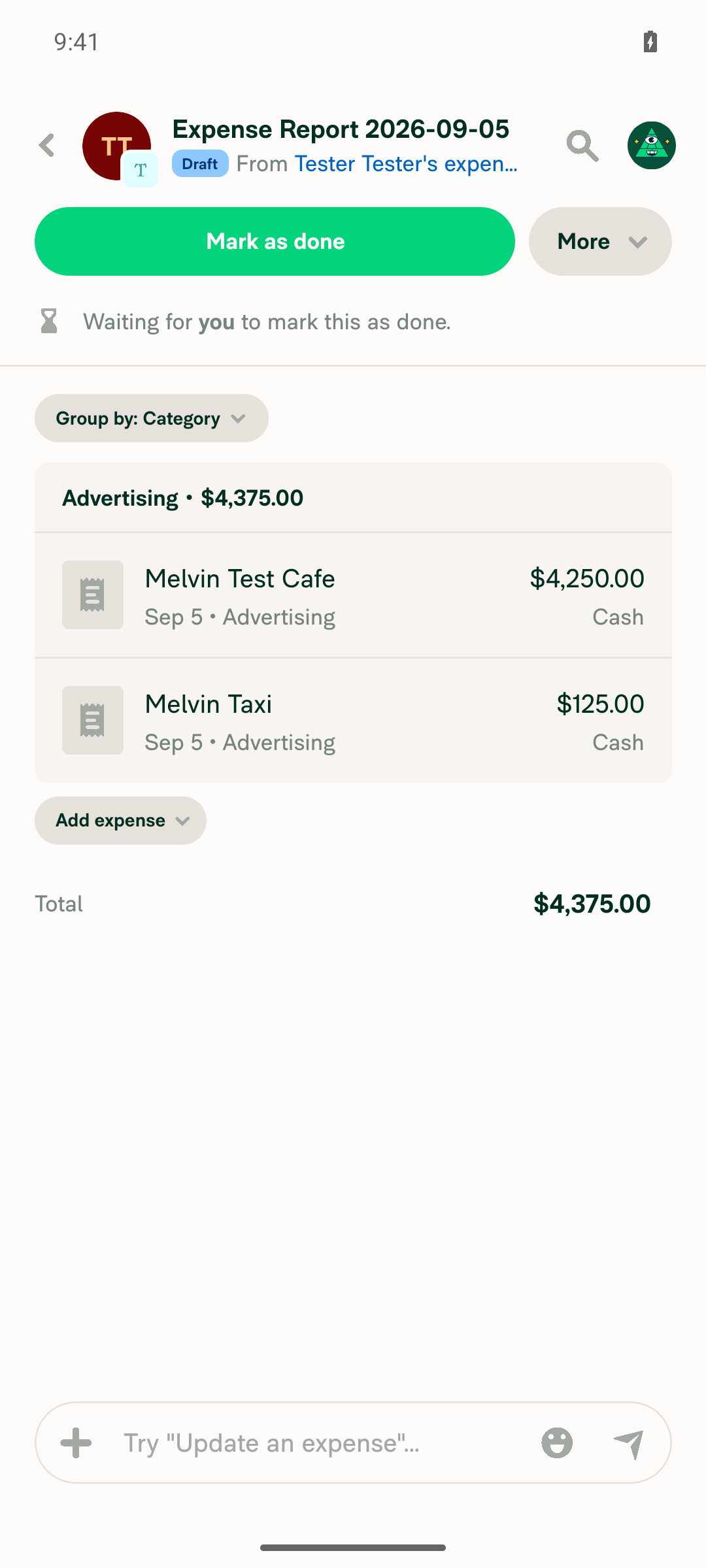 Expense report with grouped sub-amount and Total $4,375.00 rows