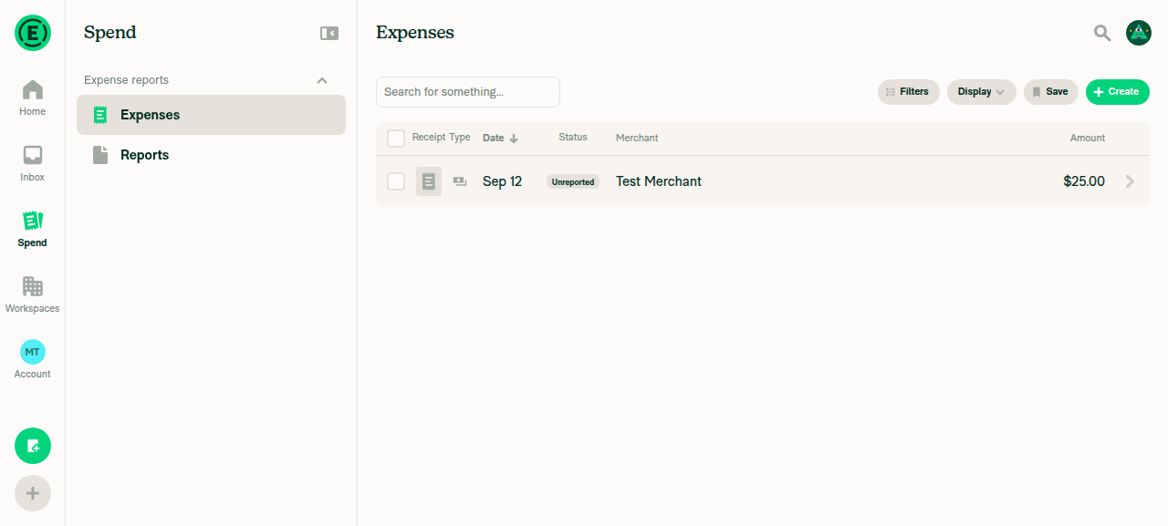 Newly created 25.00 USD Test Merchant expense in Expenses list