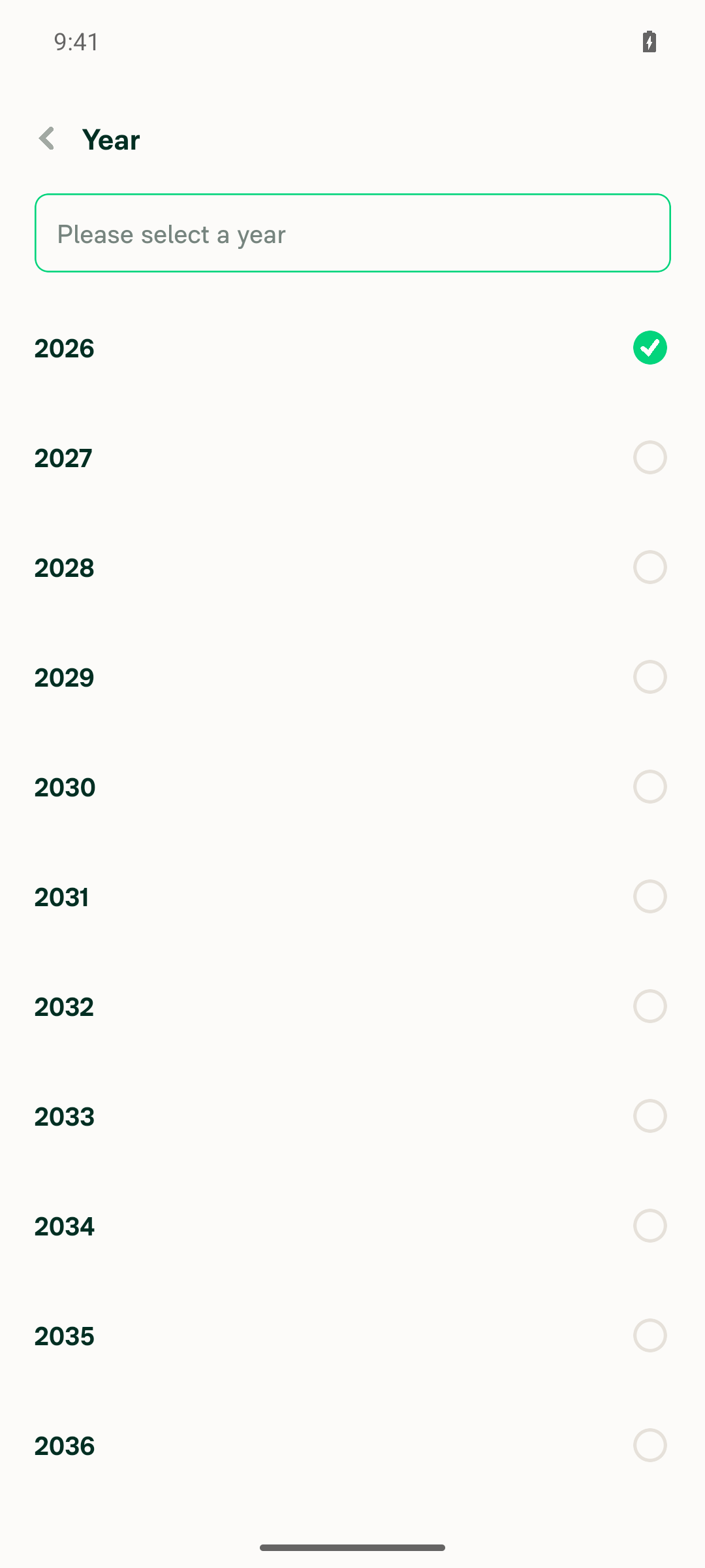 Year picker opened, showing 2026 at top