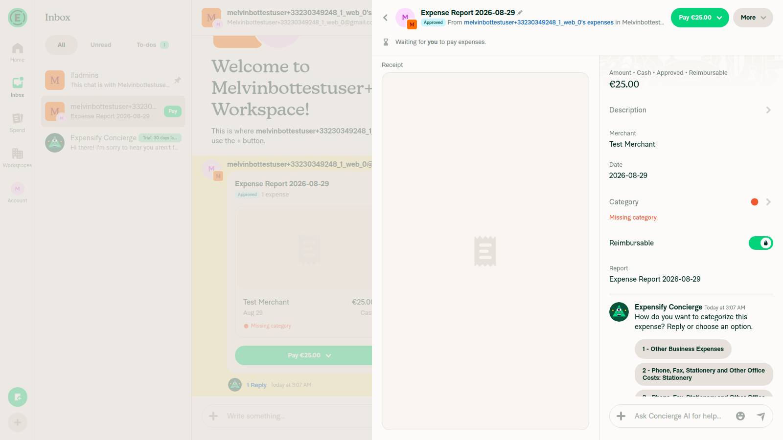 Clicking the single expense from chat opens the expense report view