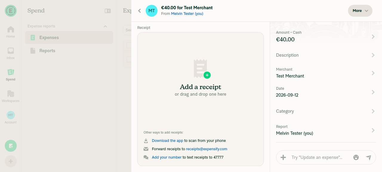 Expense detail showing amount updated to 40.00 EUR after currency change
