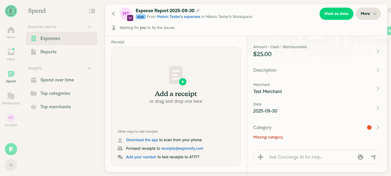 Expense Date field updated to 2025-09-30