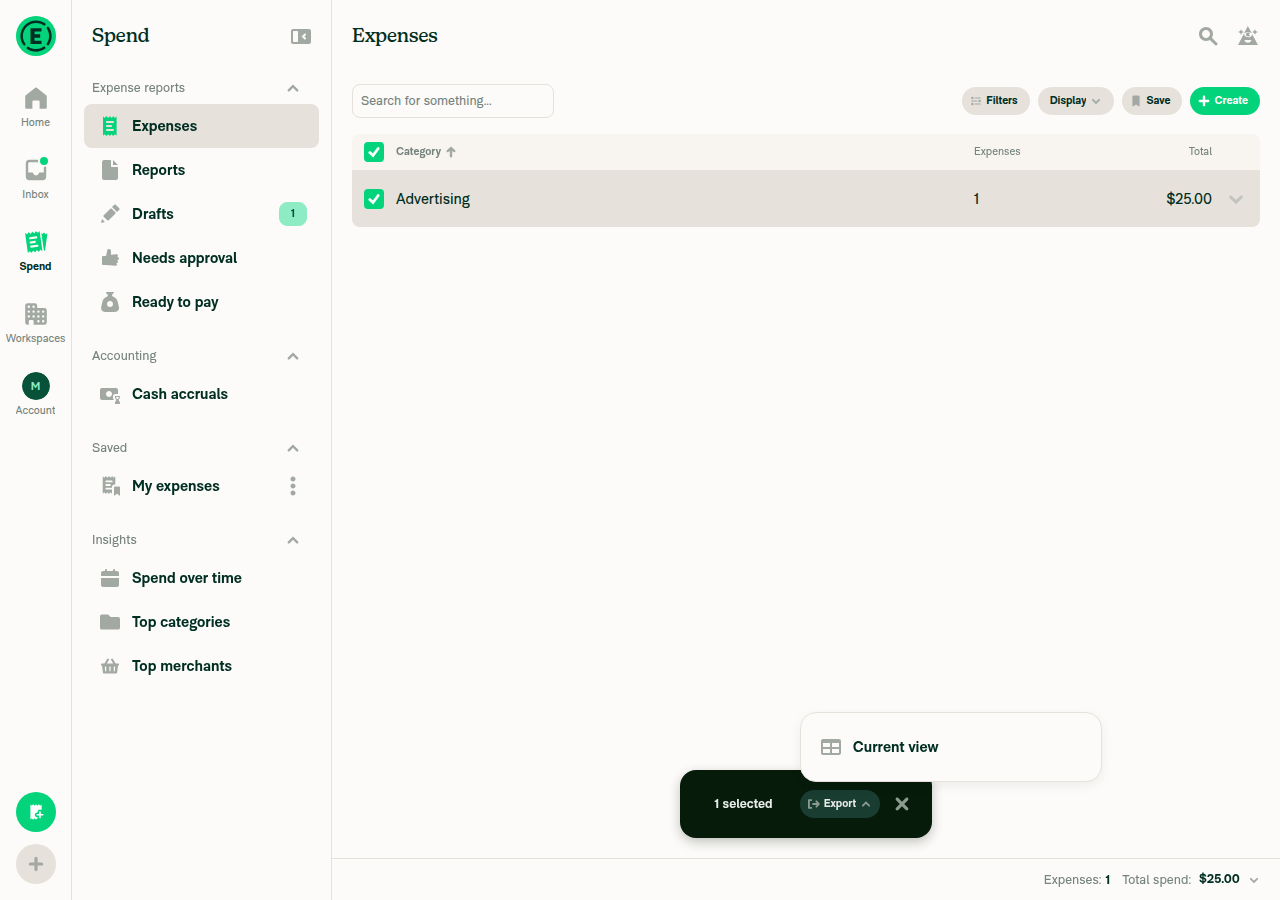 Export menu for a category group showing only Current view